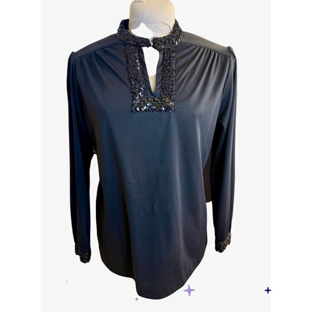 Lady Winn California by Teddi Vintage Sequined Neck/Cuffs Blouse Sz. 8 Flowy